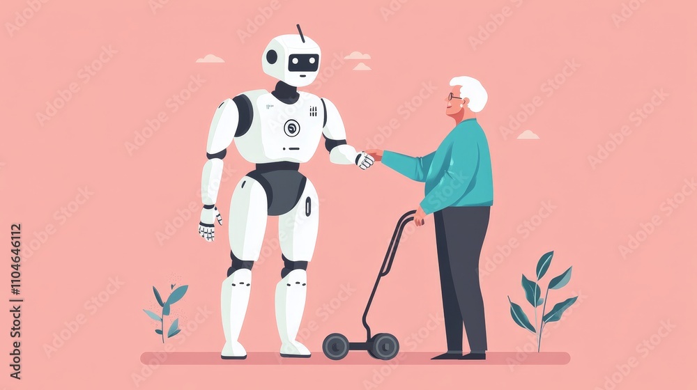 A concept of human and robotic interaction, with a humanoid robot assisting an elderly person A concept of human and robotic interaction, with a humanoid robot assisting an elderly person