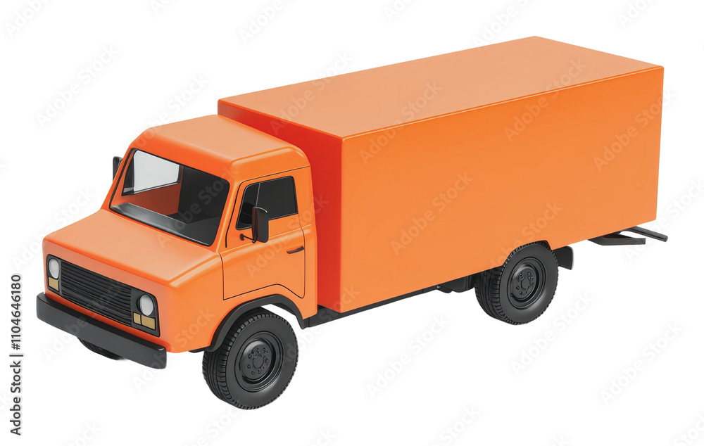 Bright orange delivery truck parked on a street, cut out - stock png. Bright orange delivery truck parked on a street, cut out - stock png.