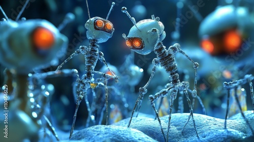 A concept of nanotechnology with tiny robots repairing cells, demonstrating medical innovation