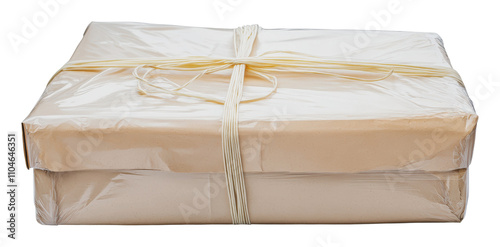 Package wrapped in brown paper tied with string, cut out - stock png. photo