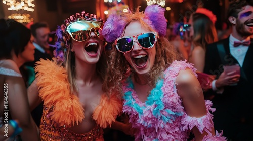 A costume party with guests dressed up in creative outfits, dancing and laughing