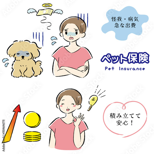 体調不良の犬と治療費に困る飼い主の女性のイラストセット