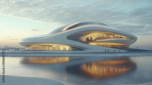 Wallpaper Mural Modern Architectural Design: Futuristic Building with Water Reflection Torontodigital.ca