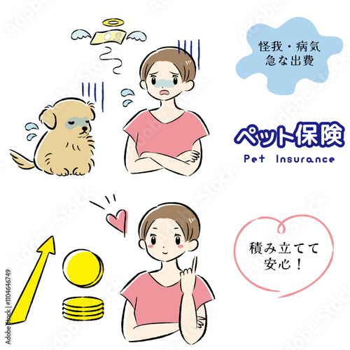 体調不良の犬と治療費に困る飼い主の女性のイラストセット