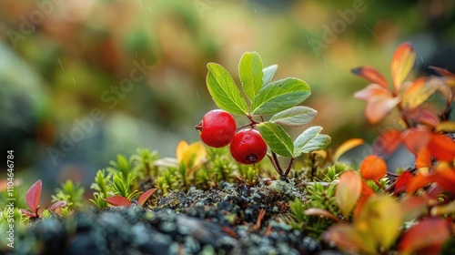 Ripe red lingonberry or cowberry in autumn forest setting, vertically oriented photo