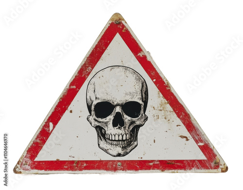 Caution sign with skull symbol in a vintage style, cut out - stock png. photo