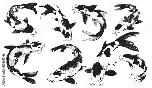 Set of koi fish illustration. Vector graphic asset for streetwear design. Retro futuristic element in Y2K for apparel, clothing and poster design