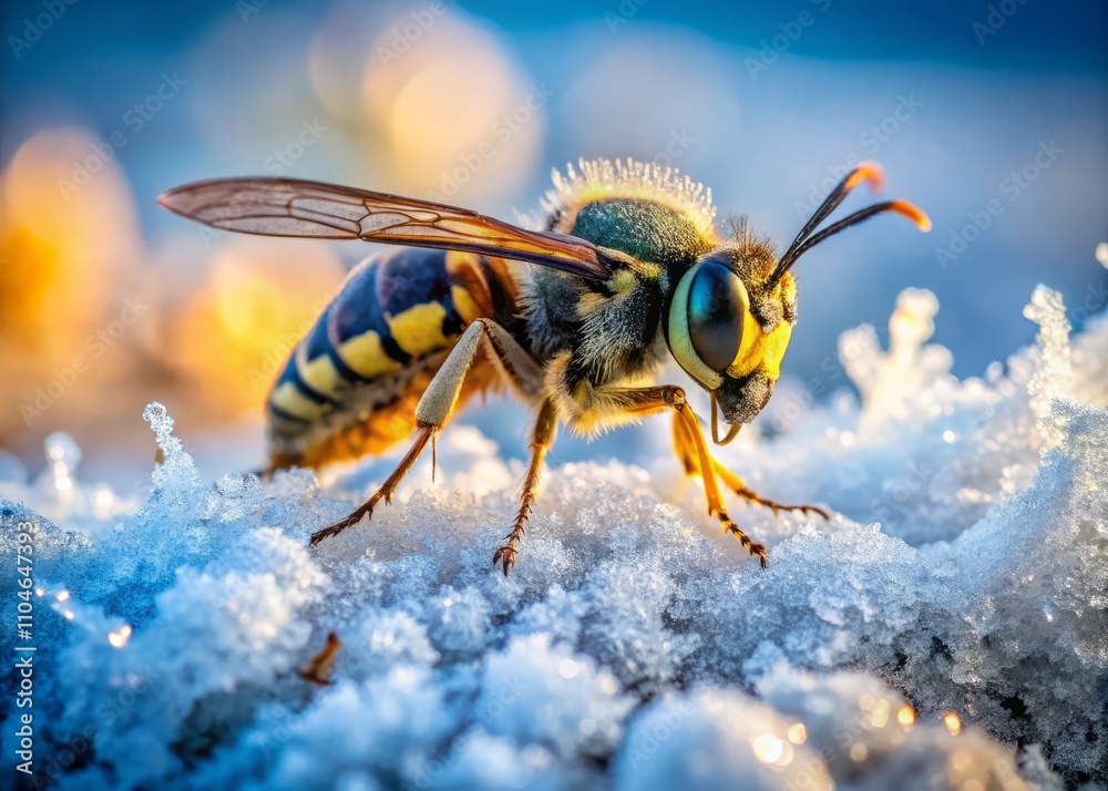 Wasp on Frozen Ground: Intriguing Winter Scene Capturing Nature's Resilience and Beauty in a Snowy Landscape with a Focus on a Wasps' Struggle for Survival in Cold Weather Wasp on Frozen Ground: Intriguing Winter Scene Capturing Nature's Resilience and Beauty in a Snowy Landscape with a Focus on a Wasps' Struggle for Survival in Cold Weather