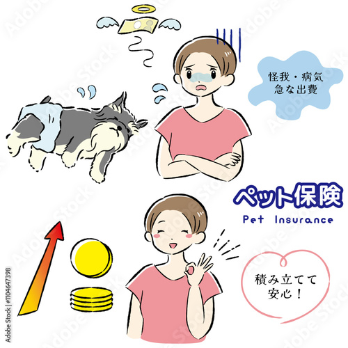 犬のペット保険のイメージと飼い主の女性のイラストセット