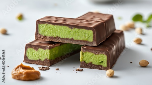 Three chocolate bars with a green filling, surrounded by nuts and a light background.