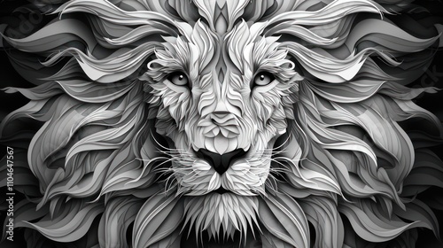 Abstract grayscale lion head, intricate layered mane, detailed face. photo