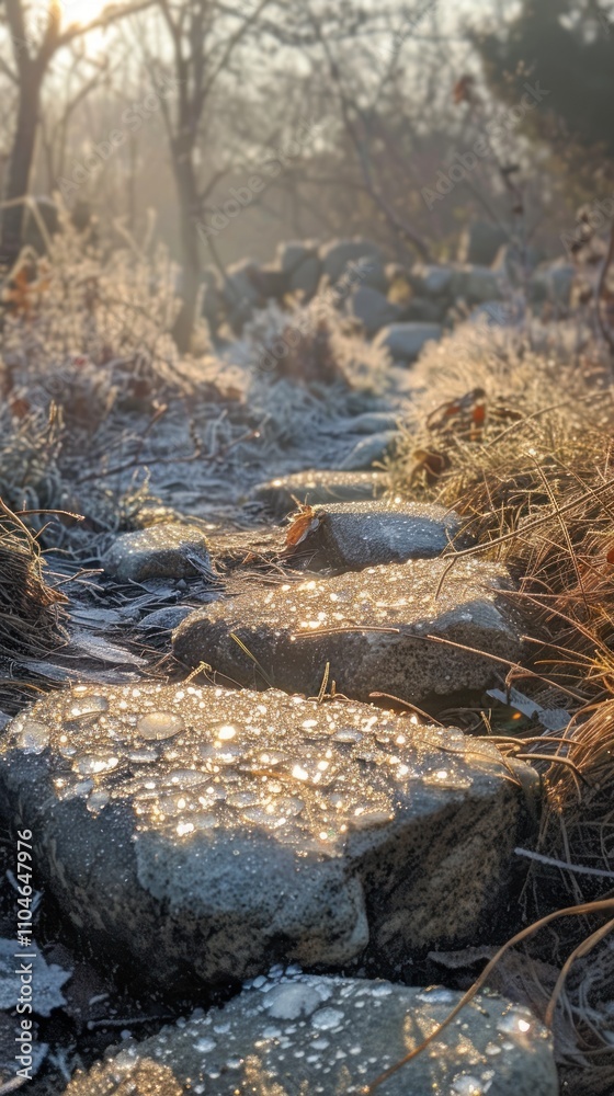 Frosty sunrise path with icy stones. Frosty sunrise path with icy stones.