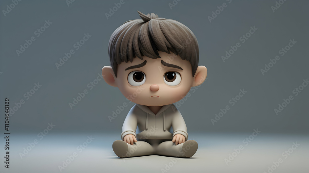 Sad cartoon boy sitting on a grey background Sad cartoon boy sitting on a grey background