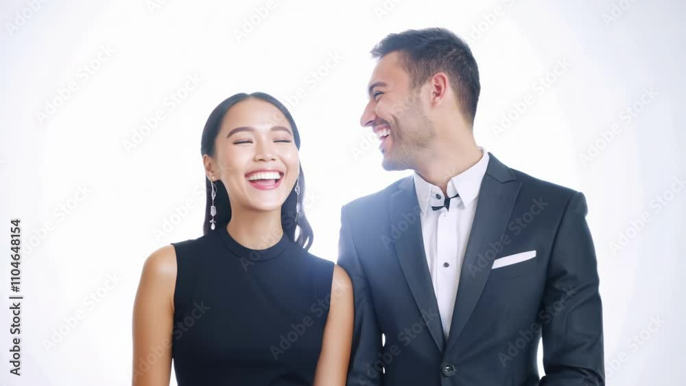 Smiling couple in formal attire looking at each other with joy on a white background, evoking elegance and happiness. Clean layout with copy space. Smiling couple in formal attire looking at each other with joy on a white background, evoking elegance and happiness. Clean layout with copy space.