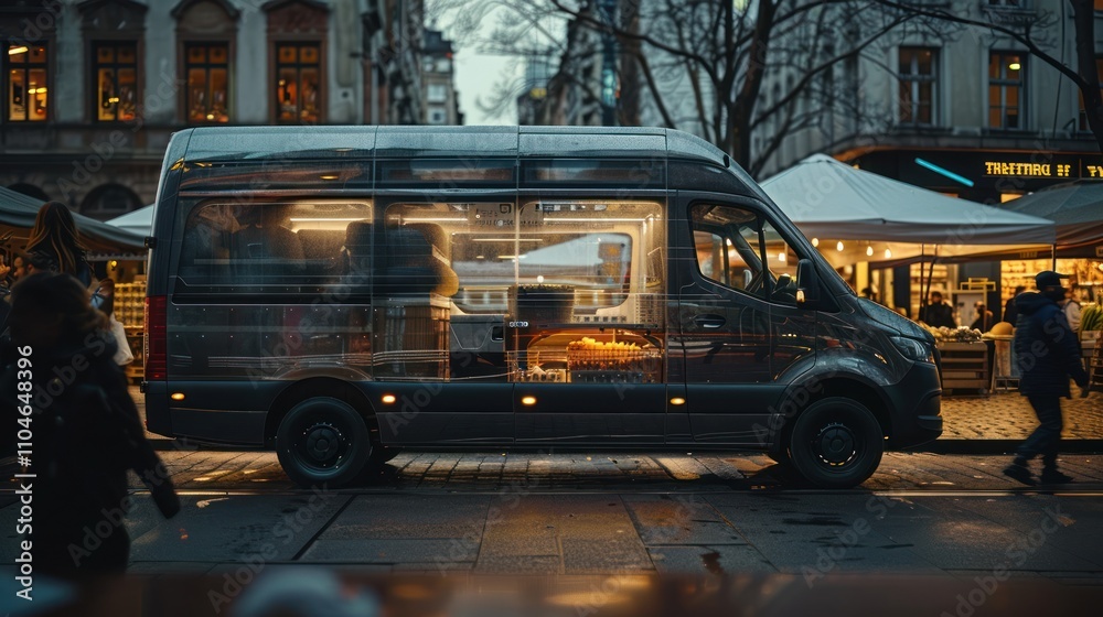 Fototapeta premium Illuminated mobile shop van parked on city street at night.