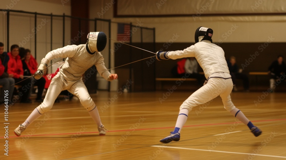 A fencer mid-lunge, fully engaged in the bout, with sharp focus on their opponent A fencer mid-lunge, fully engaged in the bout, with sharp focus on their opponent