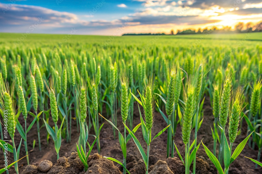 Lush green wheat field at sunset. (2) Lush green wheat field at sunset. (2)