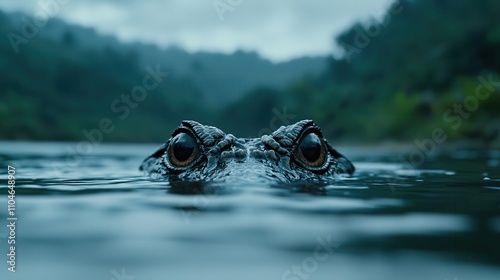 A crocodile is swimming in a body of water with its eyes open