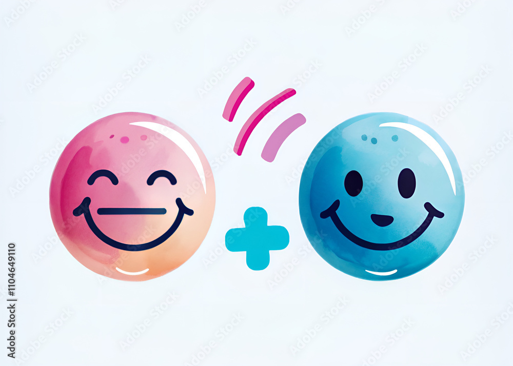 Two smiling faces with a plus sign in the middle