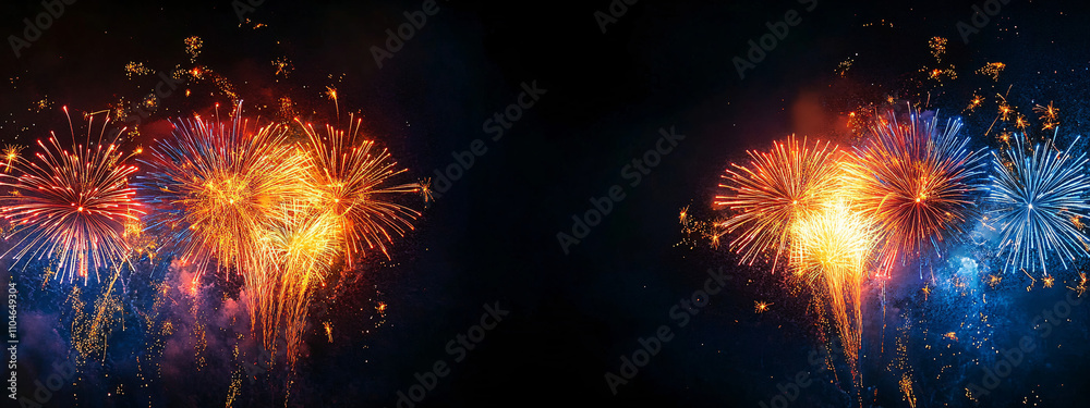 Fototapeta premium A stunning fireworks display perfect for New Year's Eve celebrations, party invitations, or festive events, showcasing vibrant colors against a dark sky.