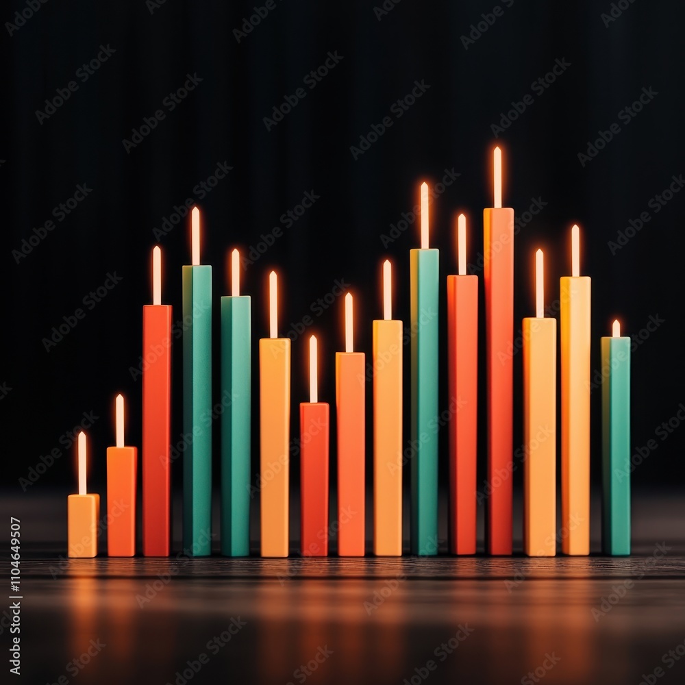 A colorful arrangement of candles in varying heights, illuminated from above, creating a visually striking pattern against a dark background. A colorful arrangement of candles in varying heights, illuminated from above, creating a visually striking pattern against a dark background.
