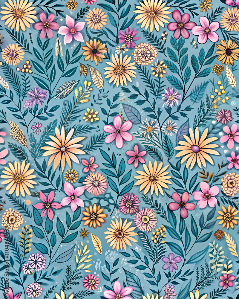 A floral patterned blue and yellow background with pink flowers A floral patterned blue and yellow background with pink flowers