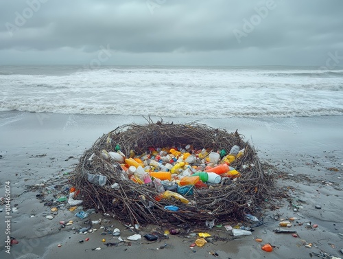 A bird s nest made of plastic trash on a polluted beach photo