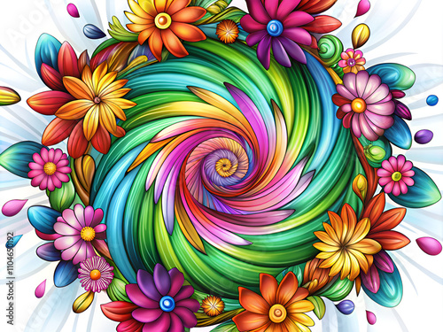 A colorful flowery spiral with a white background