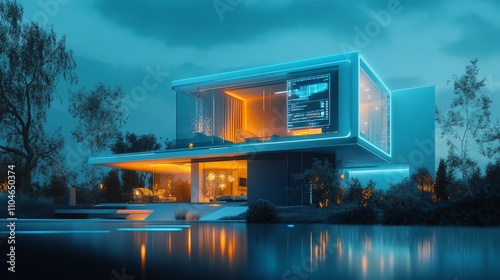 A futuristic smart home controlled by AI, with holographic interfaces and automation