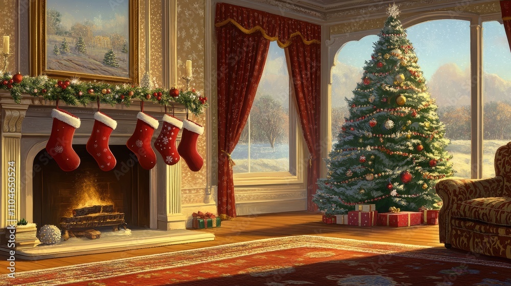 Fototapeta premium Sunlit Christmas living room with fireplace, decorated tree, stockings, and presents.