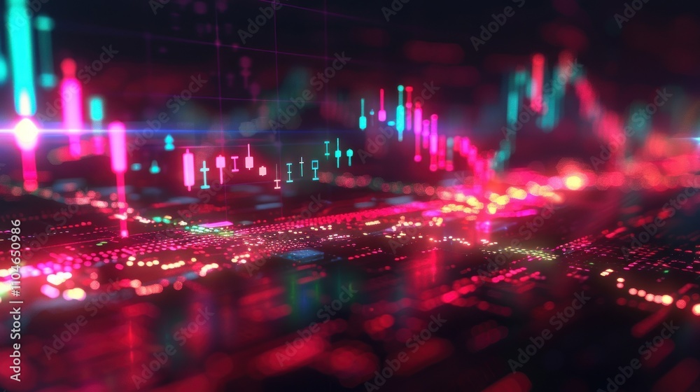 Obraz premium Abstract financial data visualization with candlestick charts and circuit board.