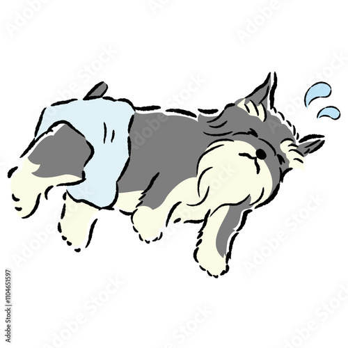 おむつを付けた困った表情の犬のイラスト