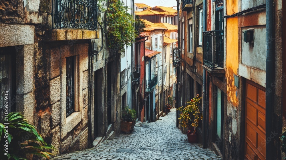 Fototapeta premium A historic city with old stone buildings and winding cobbled streets