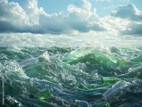 Waves carrying plastic bottles and trash, symbolizing the ongoing threat to the ocean s health focus on, ocean pollution, realistic, composite, garbagefilled ocean backdrop photo