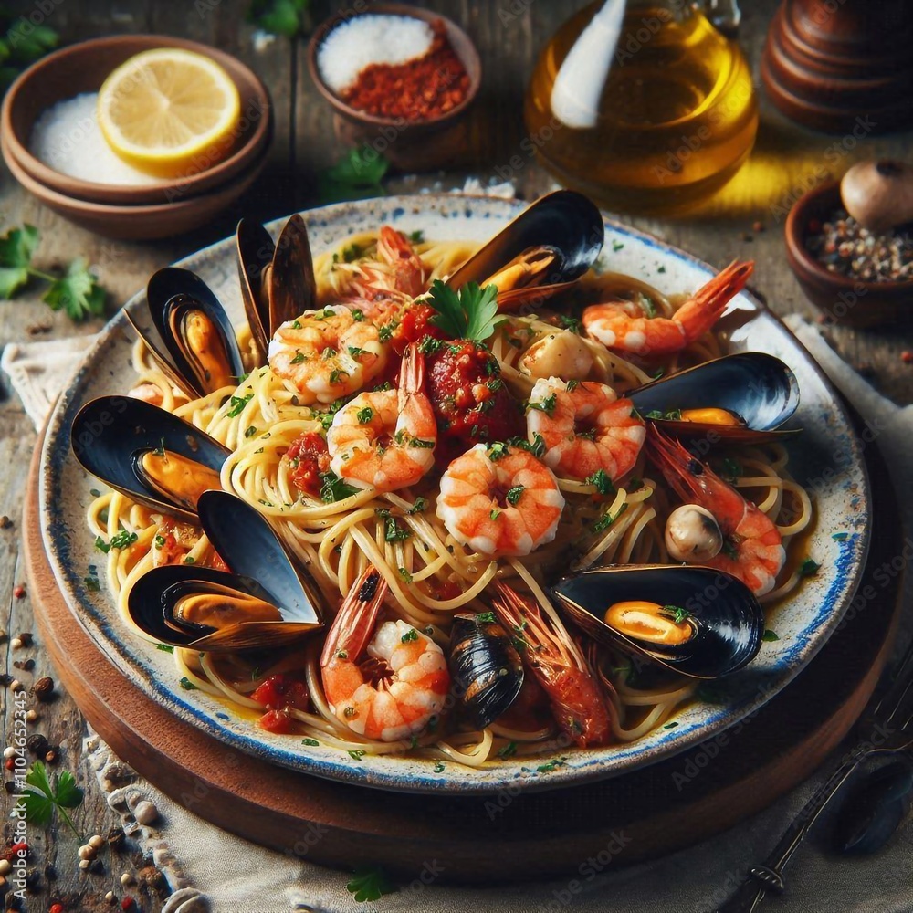 Spaghetti with Seafood in Cozy Mediterranean Restaurant Spaghetti with Seafood in Cozy Mediterranean Restaurant