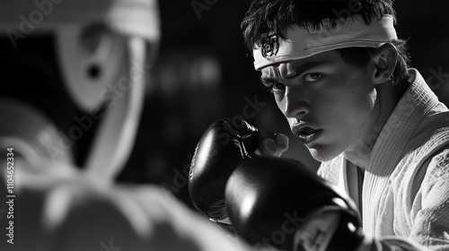 A martial artist sparring in the ring, intense and focused on their opponent photo