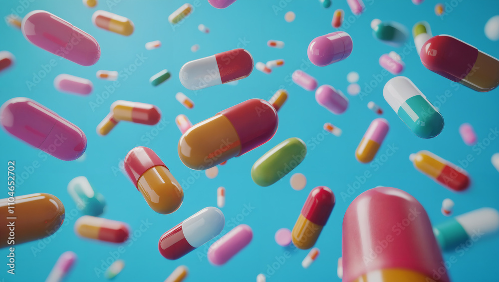 Colorful Pills Floating in Blue Background with Copy Space - Medical Concept Colorful Pills Floating in Blue Background with Copy Space - Medical Concept