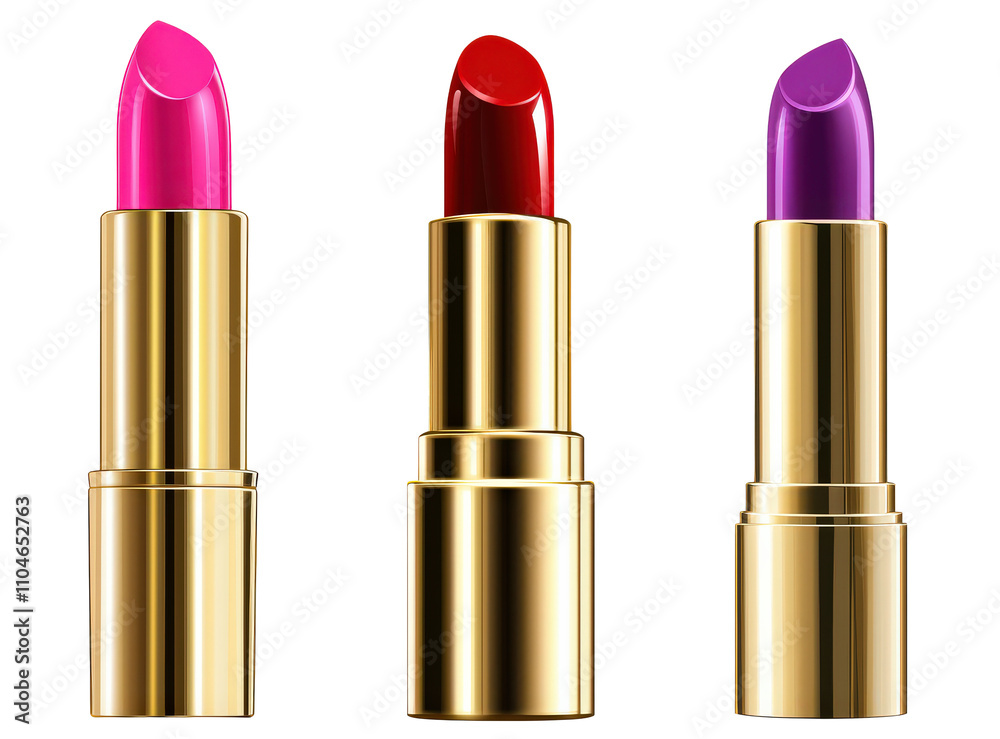 Set of colorful lipsticks in a golden tube isolated on transparent background. Set of colorful lipsticks in a golden tube isolated on transparent background.