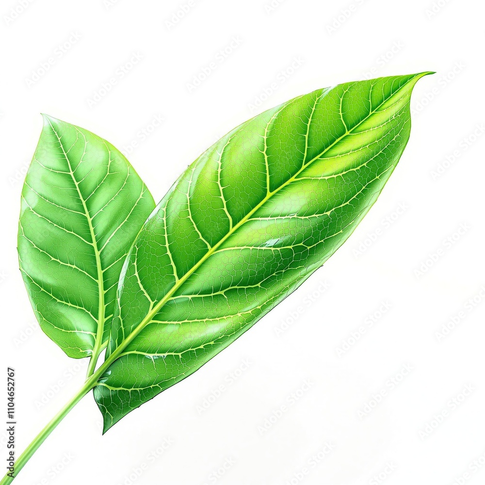 Obraz premium Green cocoa leaf on a white background with visible veins and a glossy finish, plant biology, leaf texture