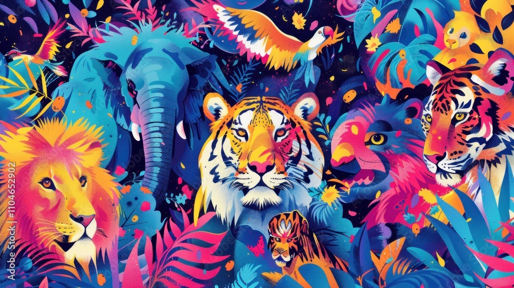 Vibrant colorful illustration of various wild animals amidst lush tropical foliage. Vibrant colorful illustration of various wild animals amidst lush tropical foliage.
