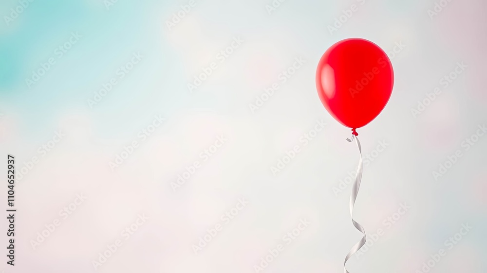 A single red balloon floats gently on a soft pastel background, a silver ribbon trailing below A single red balloon floats gently on a soft pastel background, a silver ribbon trailing below