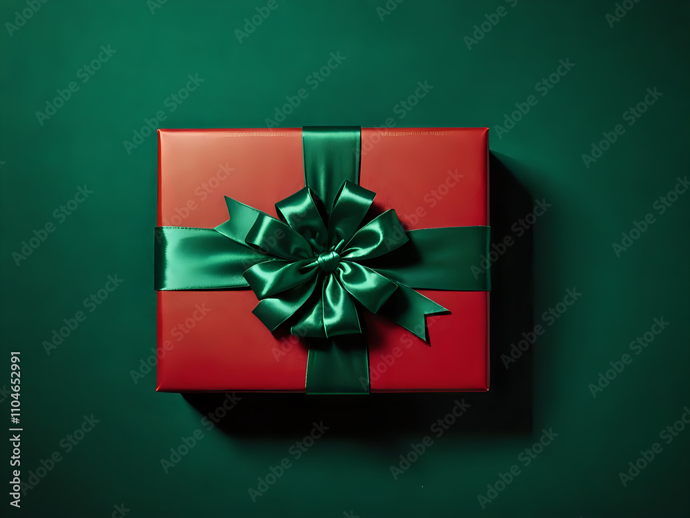 top view of red gift box with green ribbon sits on the centre of green background, 300dpi top view of red gift box with green ribbon sits on the centre of green background, 300dpi