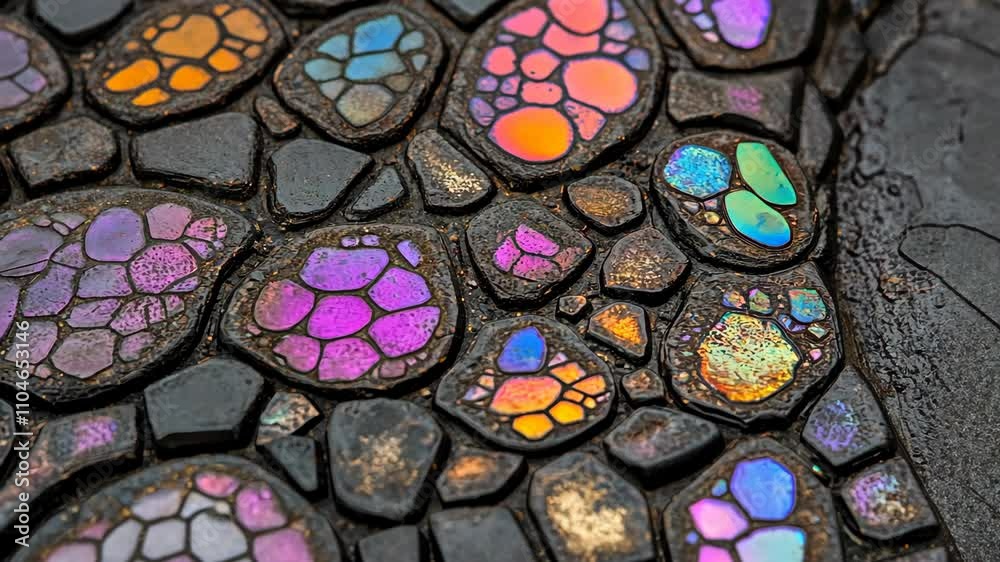 Colorful mosaic design with vibrant stones reflecting light in intricate patterns Colorful mosaic design with vibrant stones reflecting light in intricate patterns