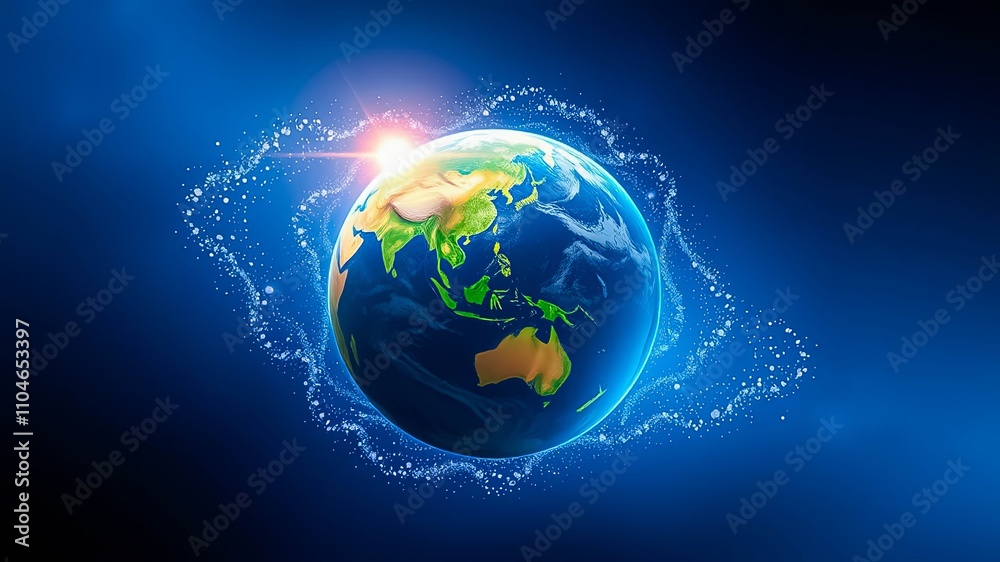 A radiant sun illuminates a detailed Earth encircled by luminous particles, representing global connection and cosmic energy. A radiant sun illuminates a detailed Earth encircled by luminous particles, representing global connection and cosmic energy.
