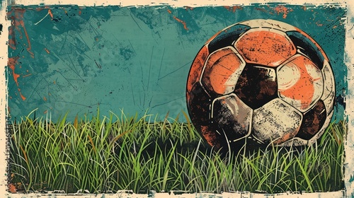Vintage soccer ball in grass on grunge background.