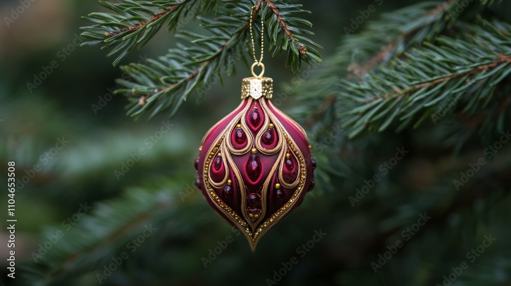 Burgundy and gold Christmas ornament hanging on a fir tree branch. Burgundy and gold Christmas ornament hanging on a fir tree branch.