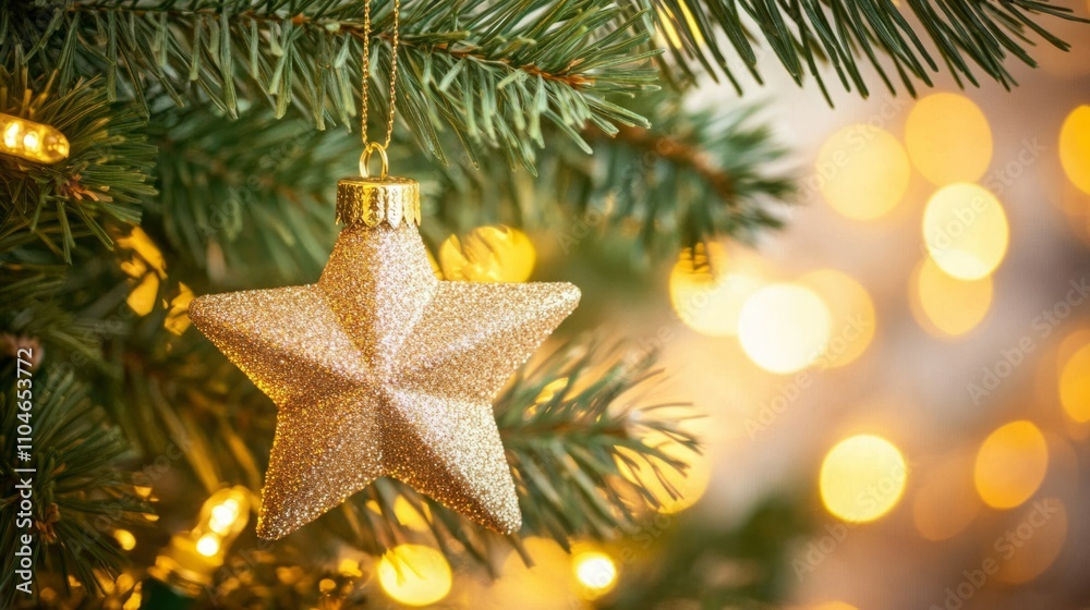 A gold star ornament hangs on a lush Christmas tree, glowing softly against a bokeh background. A gold star ornament hangs on a lush Christmas tree, glowing softly against a bokeh background.
