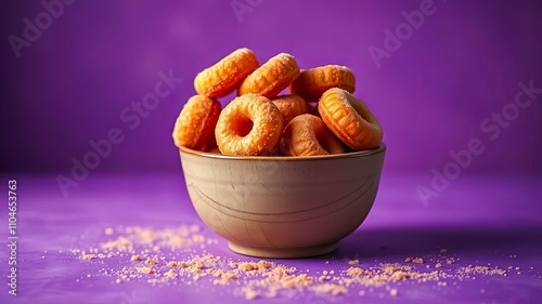 A bowl of freshly baked mini donuts, coated in a light dusting of sugar, sits on a vibrant purple surface.  The sweet treat is perfect for a snack or dessert. photo