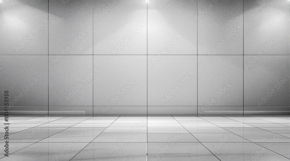 Panoramic view of a grey concrete wall with metal accents, metal accents, texture concrete, modern decor