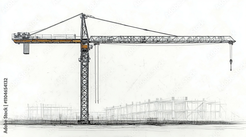 An illustration of a tower crane for construction, rendered in vector line art with a white backdrop. An illustration of a tower crane for construction, rendered in vector line art with a white backdrop.